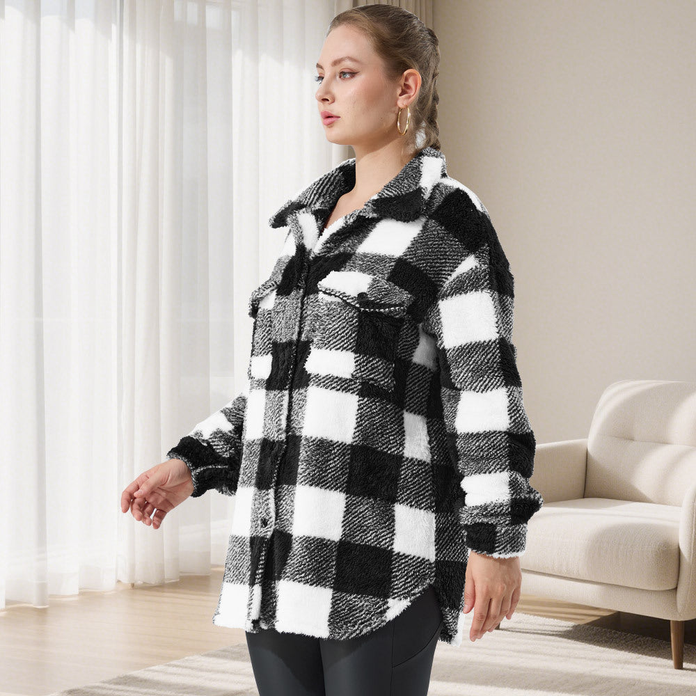 Dam oversized Teddy Shirt jacka med Check mönster
