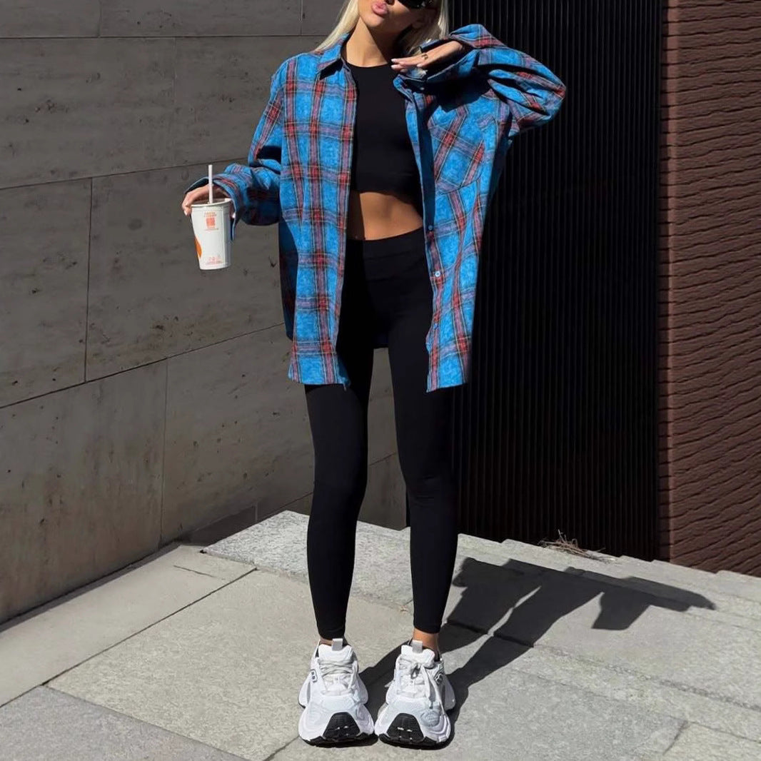 Dam rutig oversized flannel shirt jacka med applied breast pocket