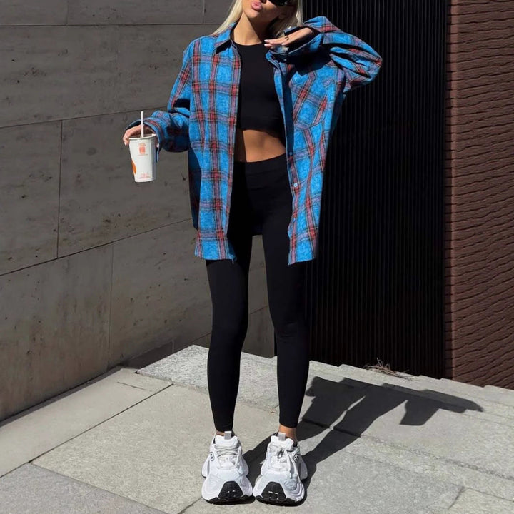 Dam rutig oversized flannel shirt jacka med applied breast pocket