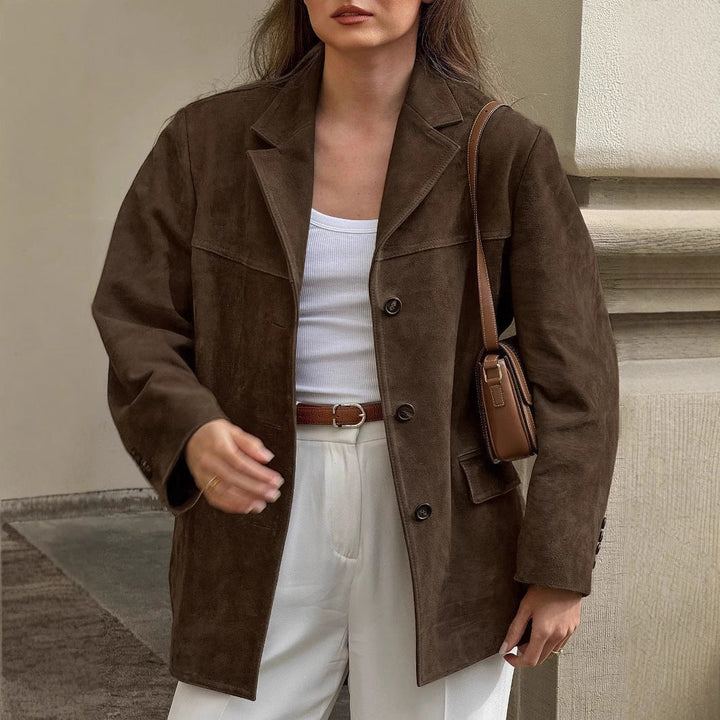 Dam oversize mocka blazer med slagkrage och Flap fickor