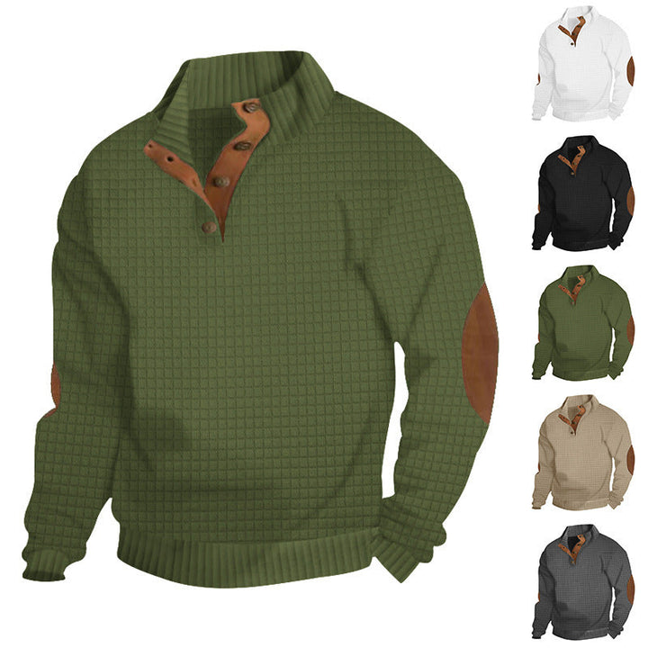 Herr Strukturerad Waffle Stickad Henley Tröja med Läder Kant &amp; Elbow Lappar