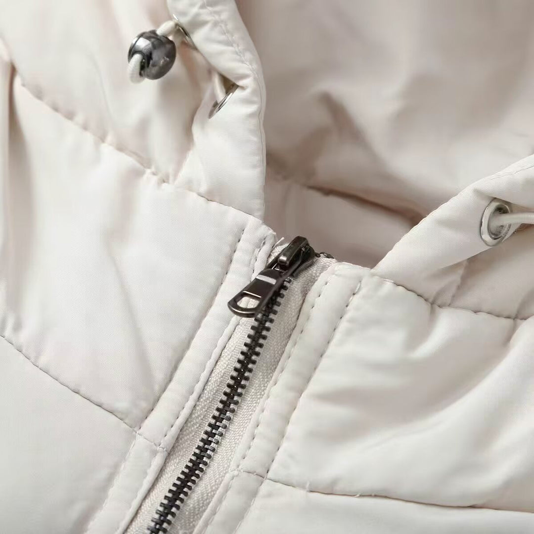 Dam Kort-Skärning Hybrid Quiltad Jacka med Huva, Midjedragsko och Elastic Ärmar