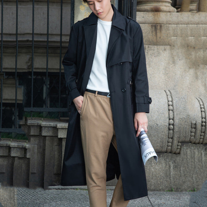 Herr Skräddad Trench Kappa Tillverkad av Vattenavvisande Twill med Double-Breasted Knapp Slå