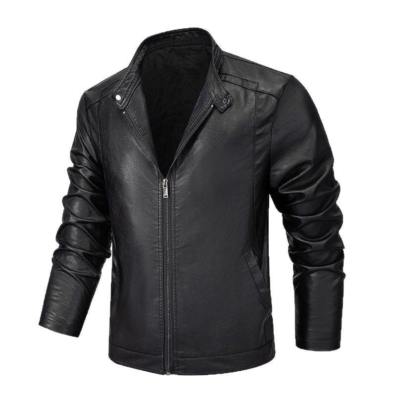 Herr Slim-Fit Konstläder Zip Jacka med Ståkrage och Söm Panels