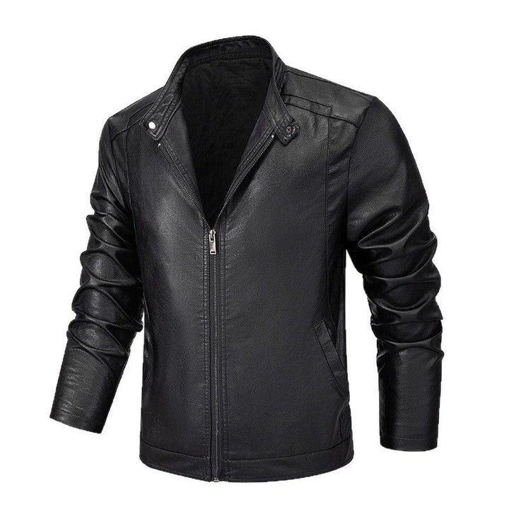 Herr Slim-Fit Konstläder Zip Jacka med Ståkrage och Söm Panels