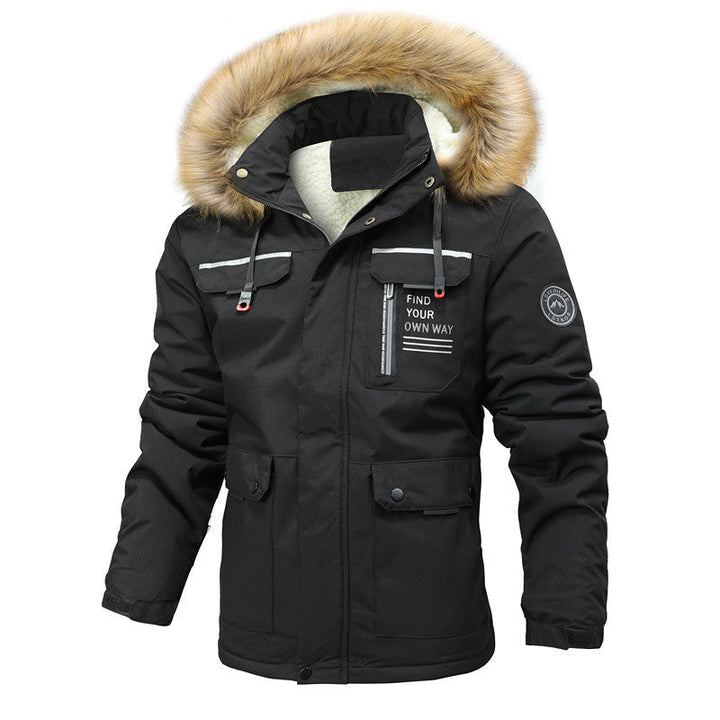 Herr Thermo Parkas i Expedition Stil med Avtagbar Imitation Päls Huva och Multifunktionell Fickor