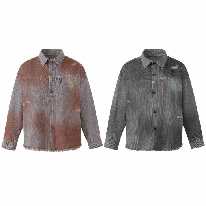 Dam Overshirt Jacka Gjord av Randig Denim med Fringes och Used Detaljer