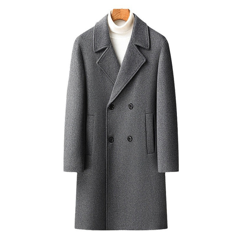 Herr Long Ull Blandning Overcoat i Minimalistisk Skärning med Notched Lapel och Dold Fickor