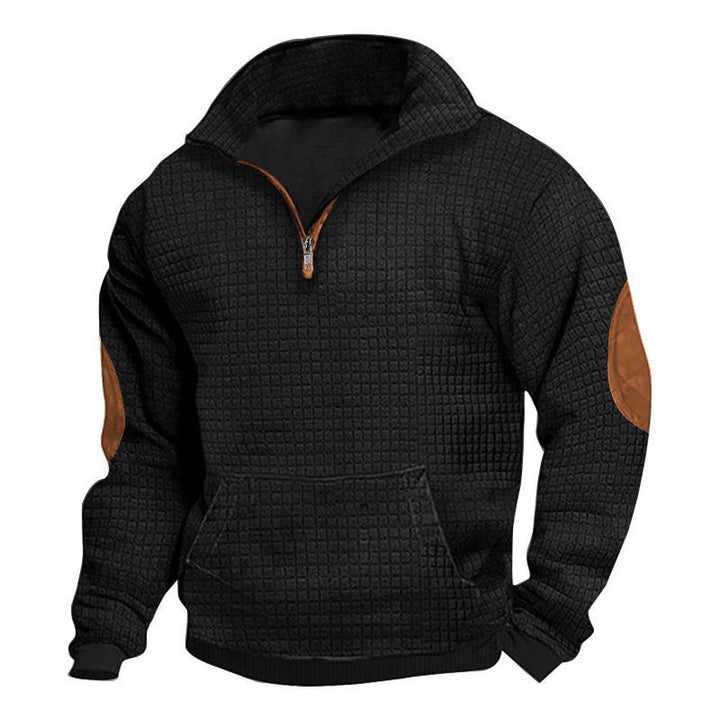 Herr Thermo-Regulating Waffle Stickad Halv Dragkedja Pullover med Känguruficka och Konstläder Elbow Lappar