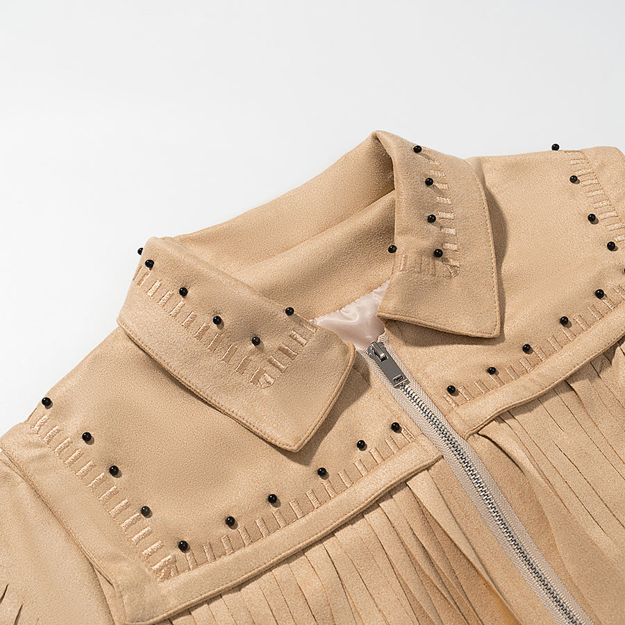 Dam kort Fringe mocka jacka in Western stil med Studded Accents och fram dragkedja