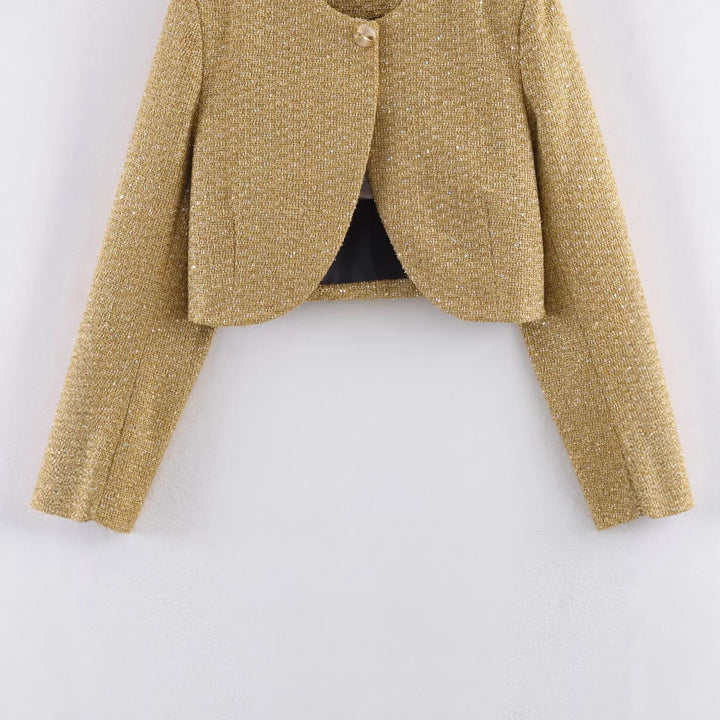 Dam kort Boucle blazer jacka med rund hals och Decorative Button
