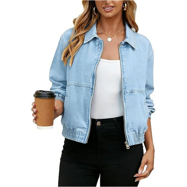 Dam lätt kort denimjacka med Elastic muddar och Zip
