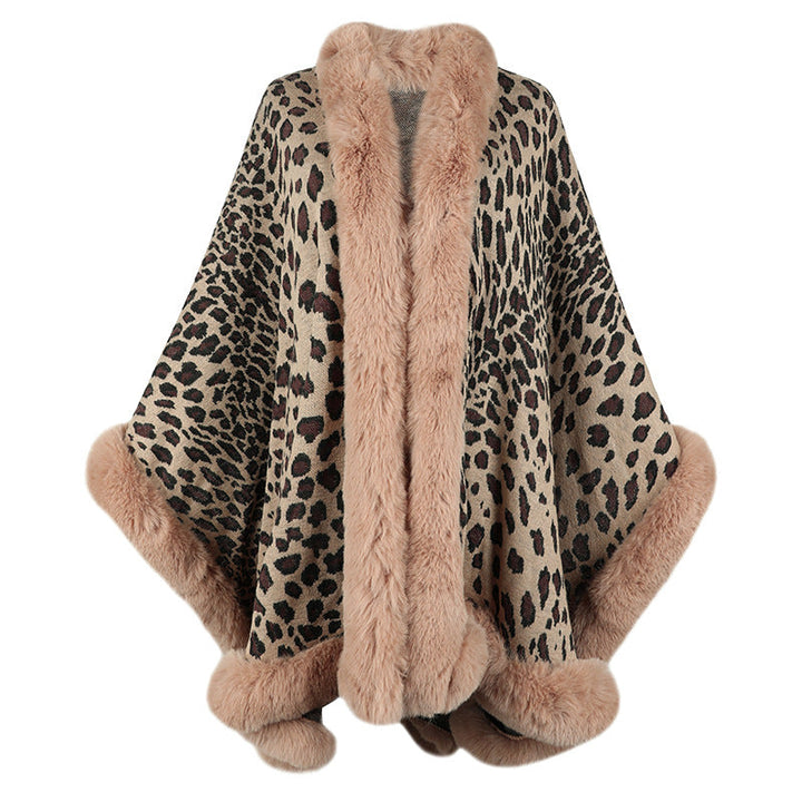 Dam Cozy Poncho med Luxurious Fusk Päls Trim och Leopard Tryck