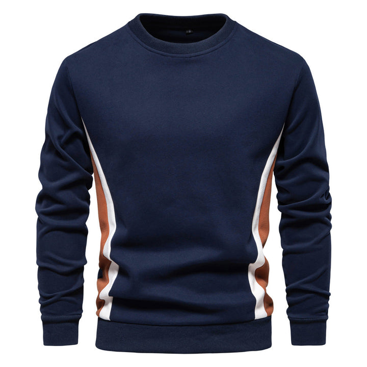 Herr Round Neck College-Tröja Gjord av Bomullsblandning med Contrasting Side Piping och Smal Silhuett