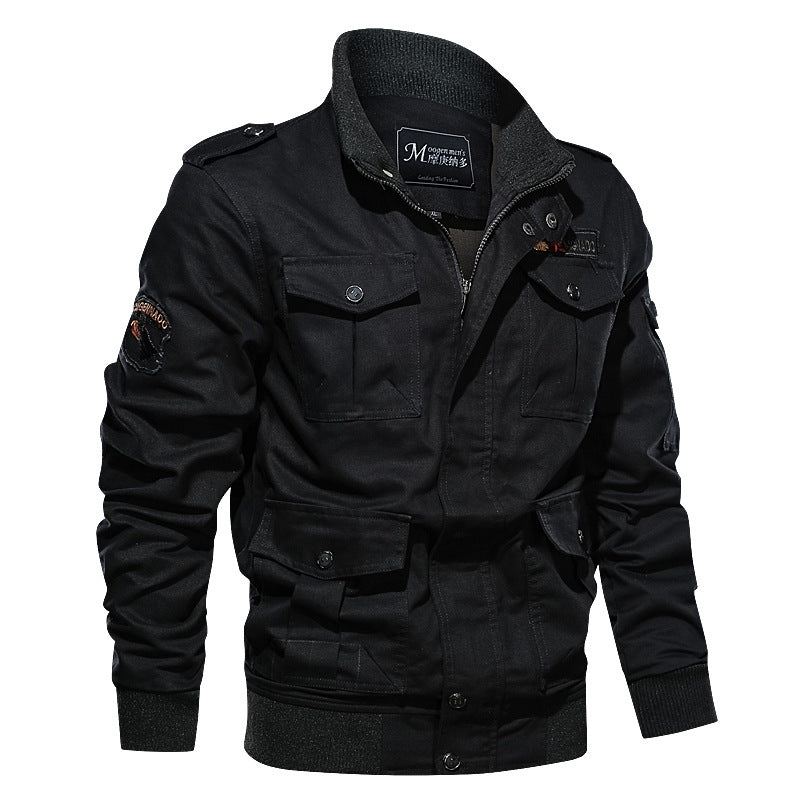 Herr Military-Inspired Canvas Fältjacka med Epaulettes, Flera Fickor och Ribbad Fåll