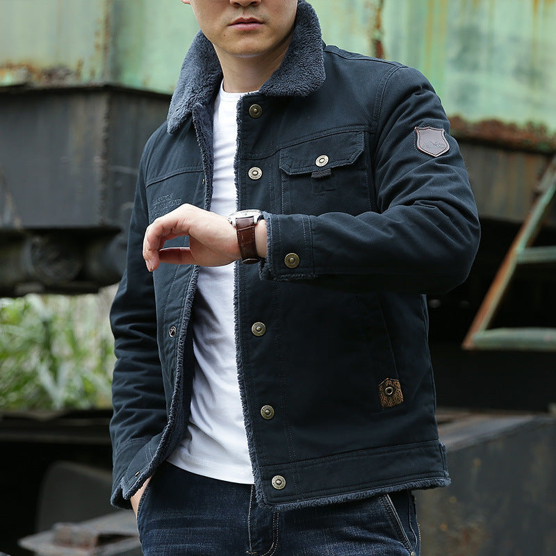 Herr Vintage-Inspired Canvas Worker Jacka med Full Teddyfoder, Bröst Patches och Multifunctional Fickor