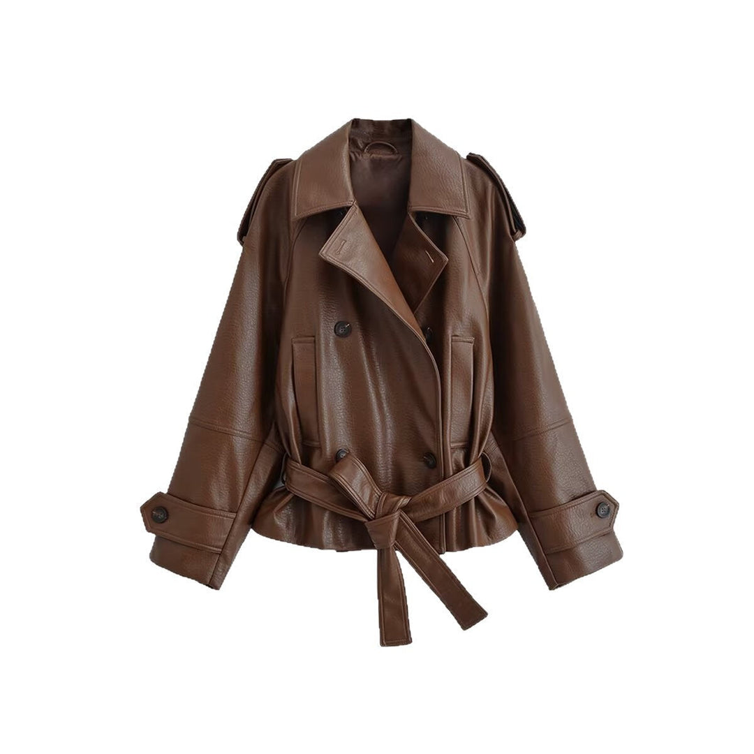 Dam Kort Skärning Faux Läder Trenchcoat med Tied Belt och Double Breasted Knapp Knäppning