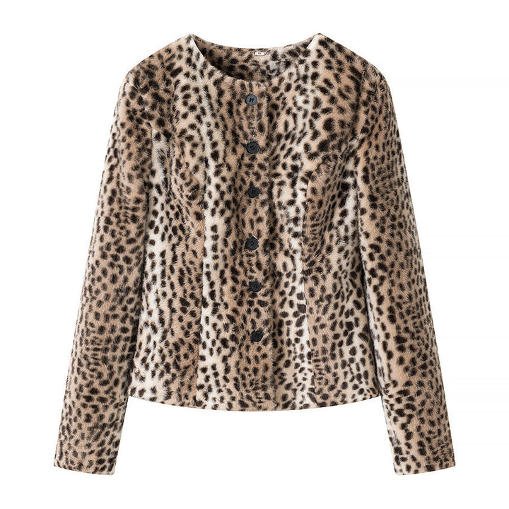 Dam kort Faux Fur jacka med Leopard tryck och Round Neck