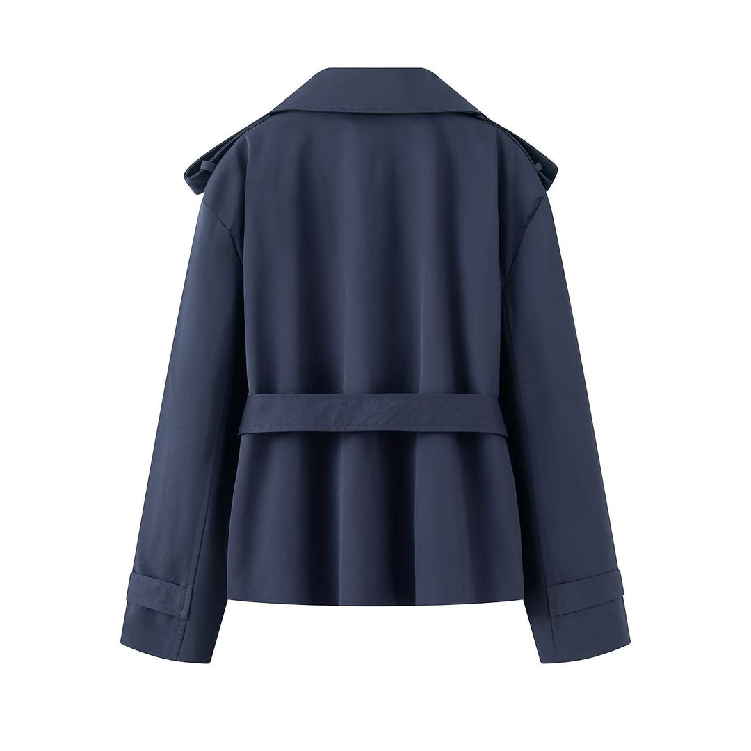 Dam Kort Trenchcoat med Wide Shawl Krage och Waist Tie Belt
