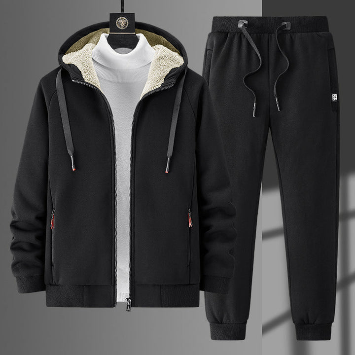 Herr Fleece-Fodrad Dragkedja Luvtröja och Jogging Byxor Set med Teddy Foder
