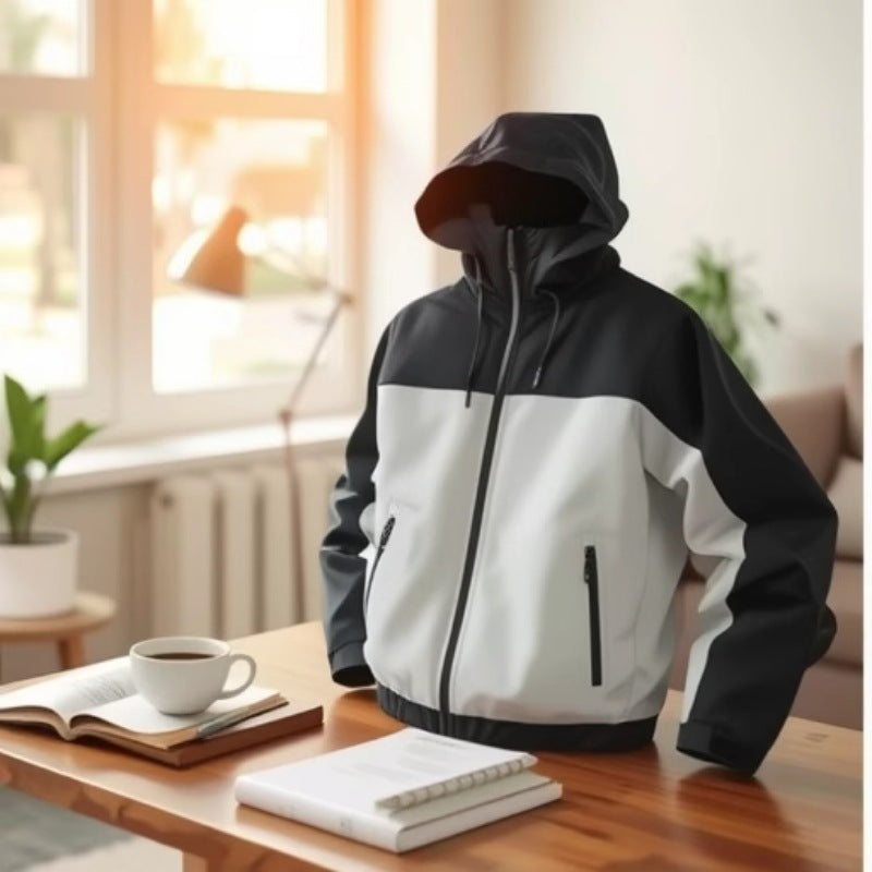 Herr lätt tvåfärgad softshell hoodiejacka med huva, fickor med dragkedja och elastisk fåll