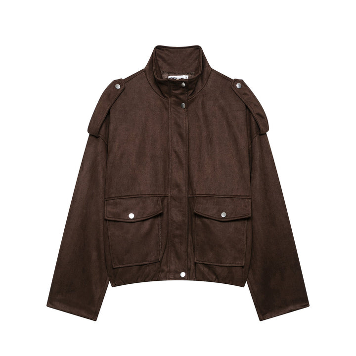 Dam Kort Suede Look Fältjacka med Stå Krage, Lock Fickor och Epaulettes