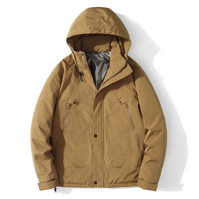 Herr lätt med huva Jacka tillverkad av softshell med värmande foder och Minimalistisk Dragkedja Fickor