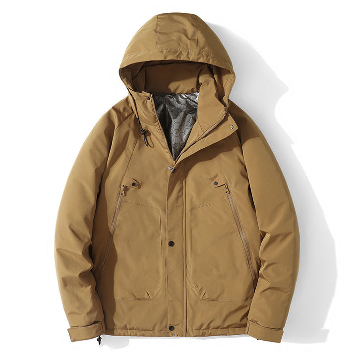 Herr lätt med huva Jacka tillverkad av softshell med värmande foder och Minimalistisk Dragkedja Fickor