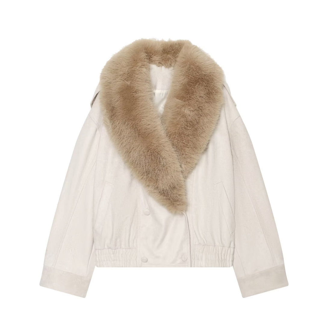 Dam Kort Velour Jacka med Avtagbar XXL Shawl Krage