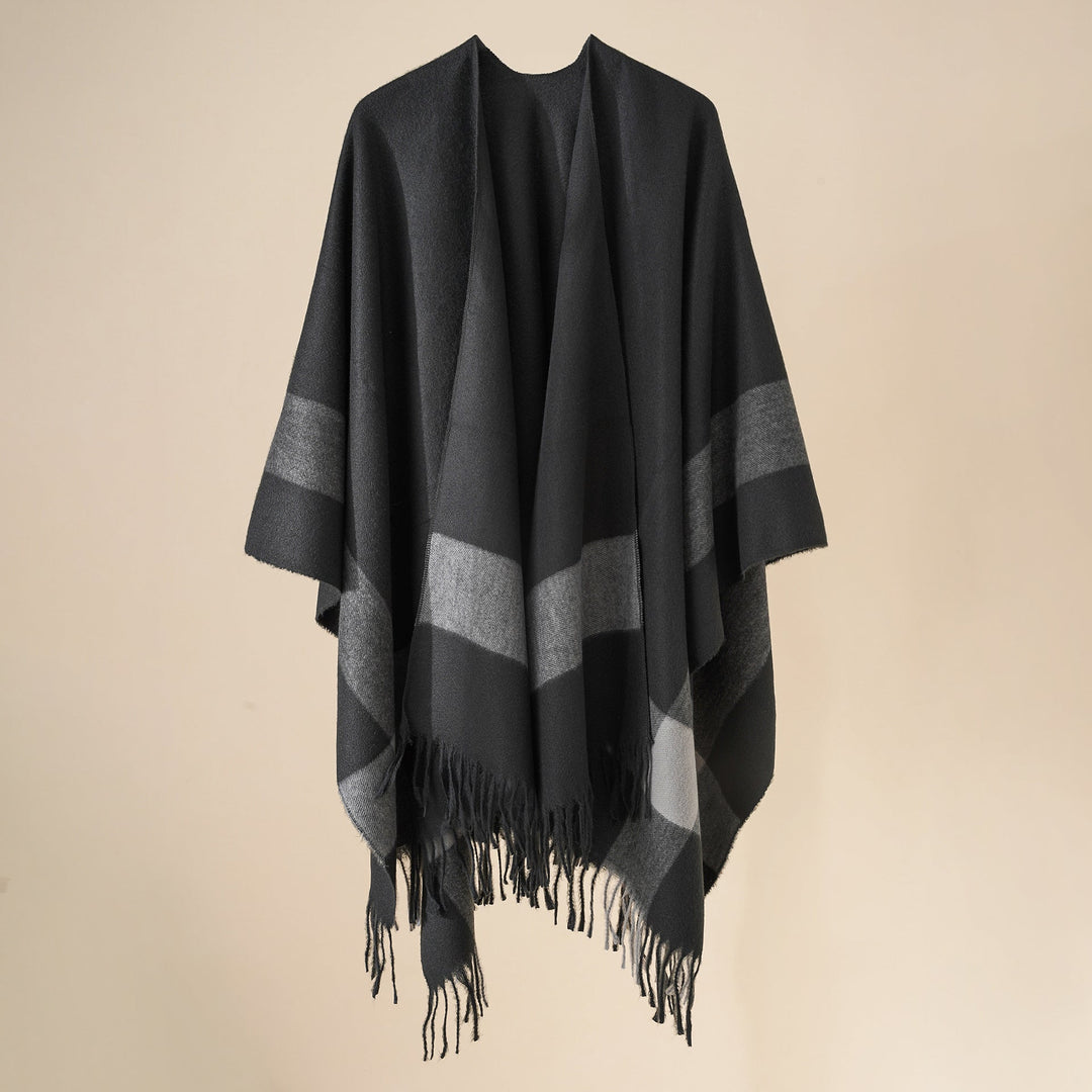 Dam ullblandning axel poncho med fringed fåll och kontrasterande block stripes