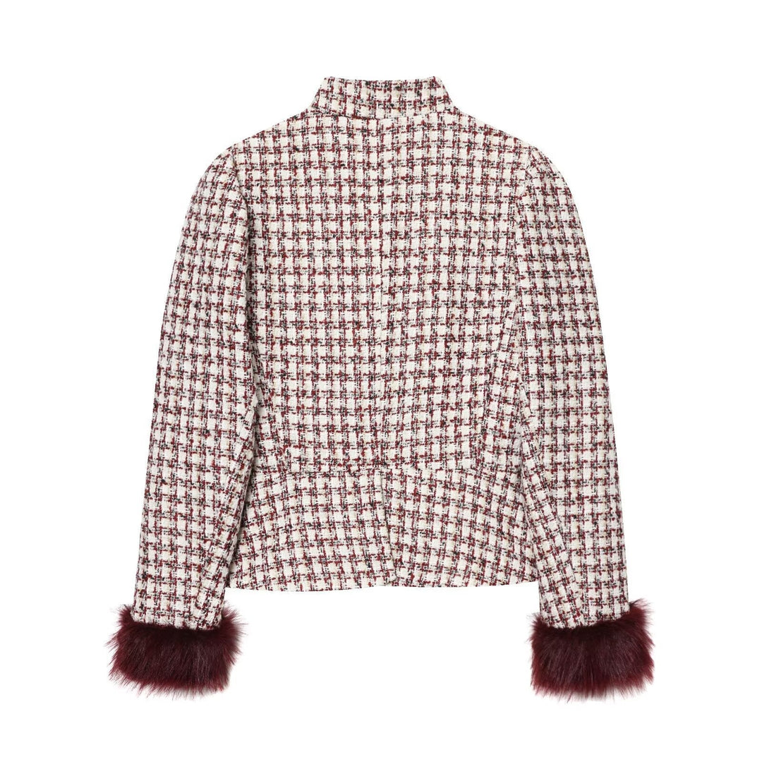 Dam kort jacka gjord boucle tweed med ståkrage och faux fur muddar