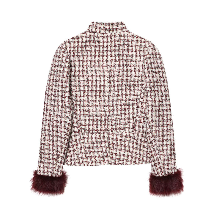 Dam kort jacka gjord boucle tweed med ståkrage och faux fur muddar