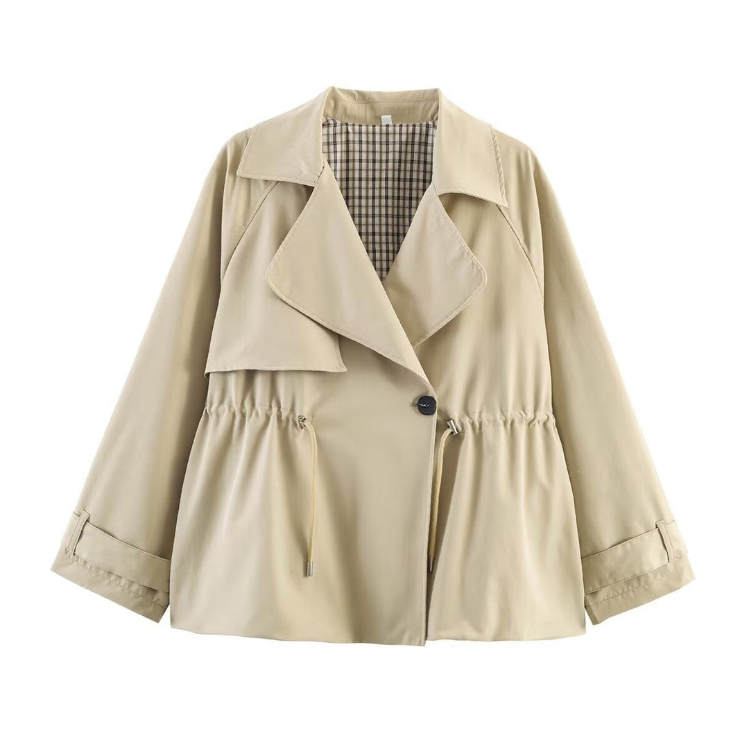 Dam Kort Trench-Stil Jacka med Midja med Dragsko och Check Foder