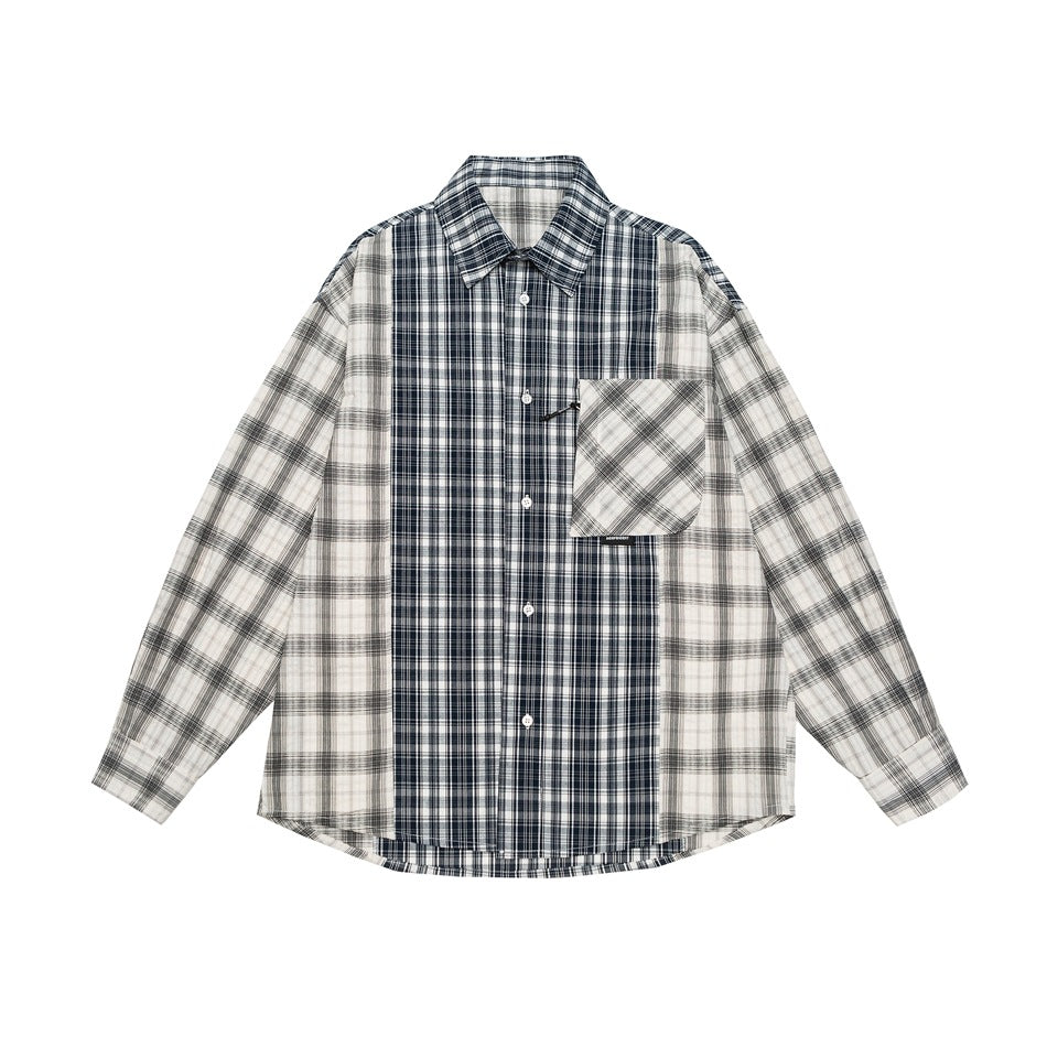 Unisex Rutig Overshirt i Patchwork Look med Bröstficka