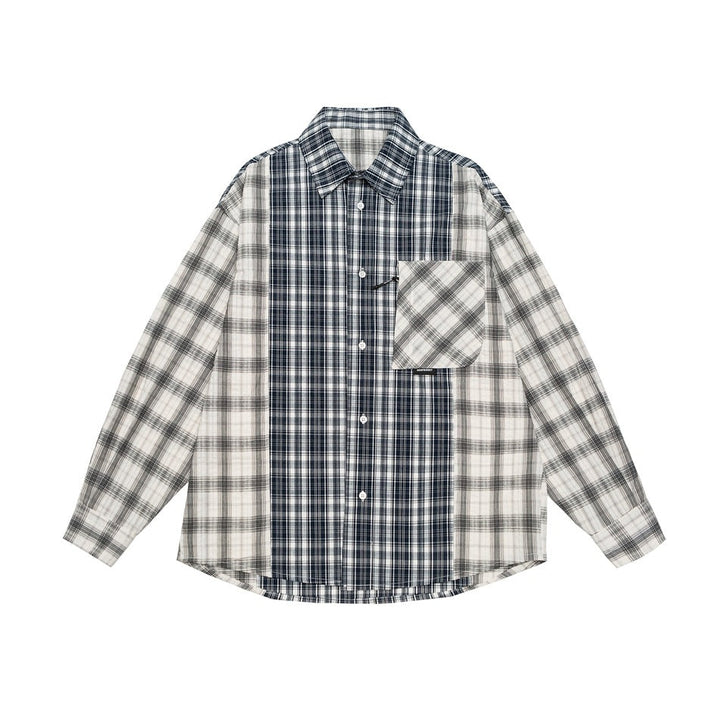 Unisex Rutig Overshirt i Patchwork Look med Bröstficka