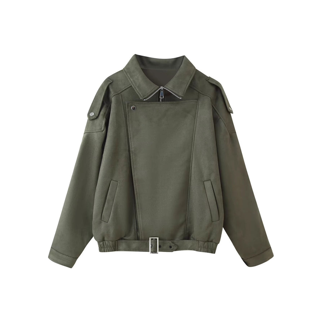 Dam Kort Jacka i Biker Blouson Stil med Bälte och Asymmetrical Lock