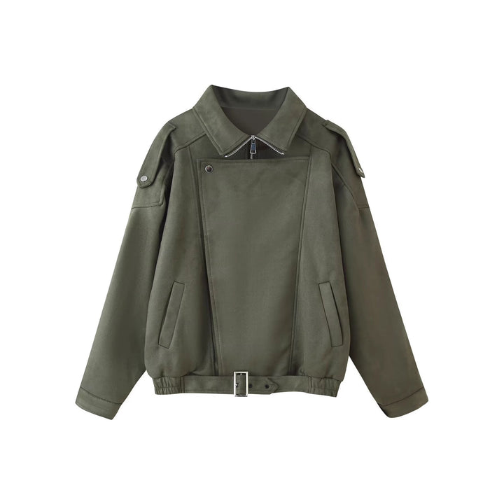 Dam Kort Jacka i Biker Blouson Stil med Bälte och Asymmetrical Lock