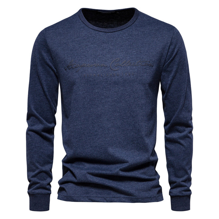 Herr Nano Minimalistisk Round Neck College-Tröja Gjord av Bomullsblandning med Ribbstickade Muddar