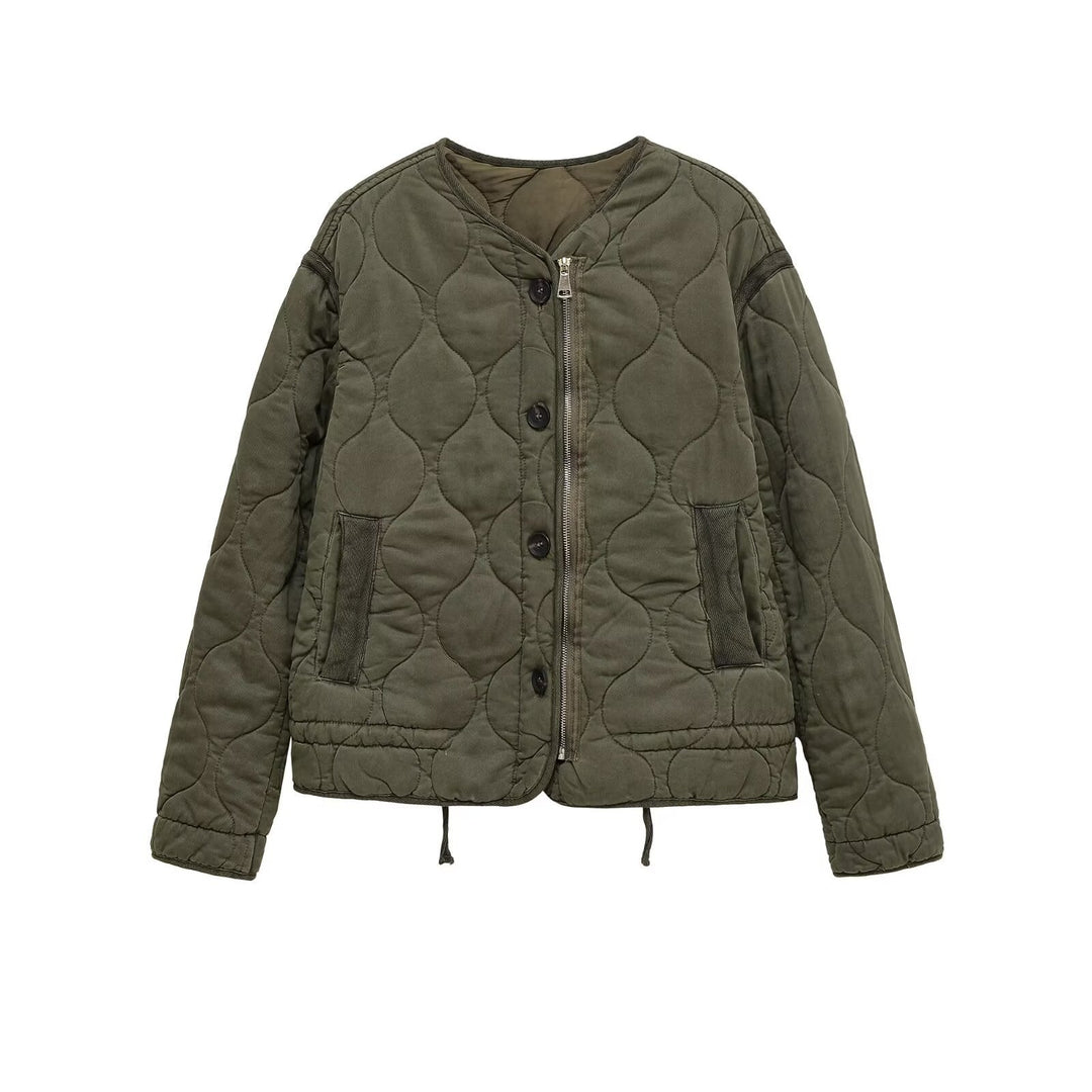 Dam Quiltad Övergångsjacka med Dragkedja och Knapplist, Round Neck och Dragsko
