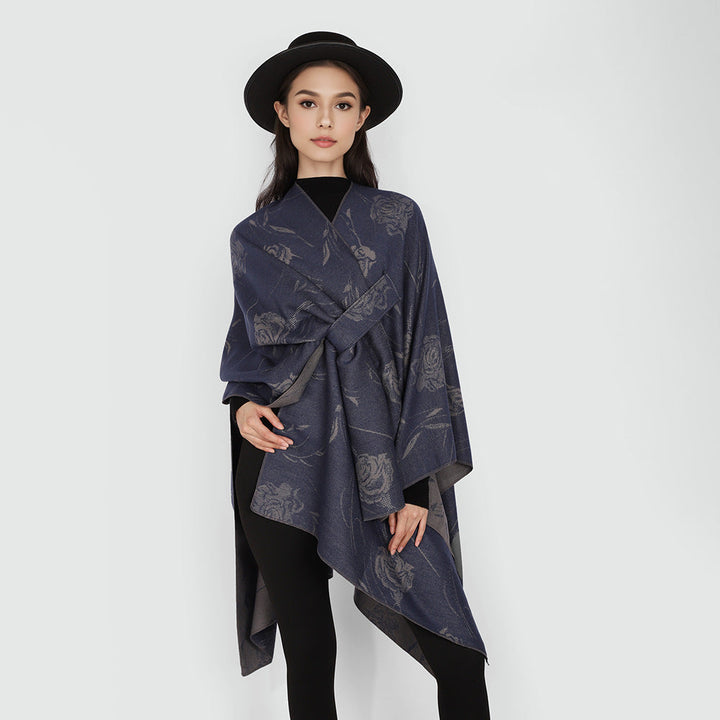 Dam Reversible capeponcho med Rose Jacquard och Tie bälte