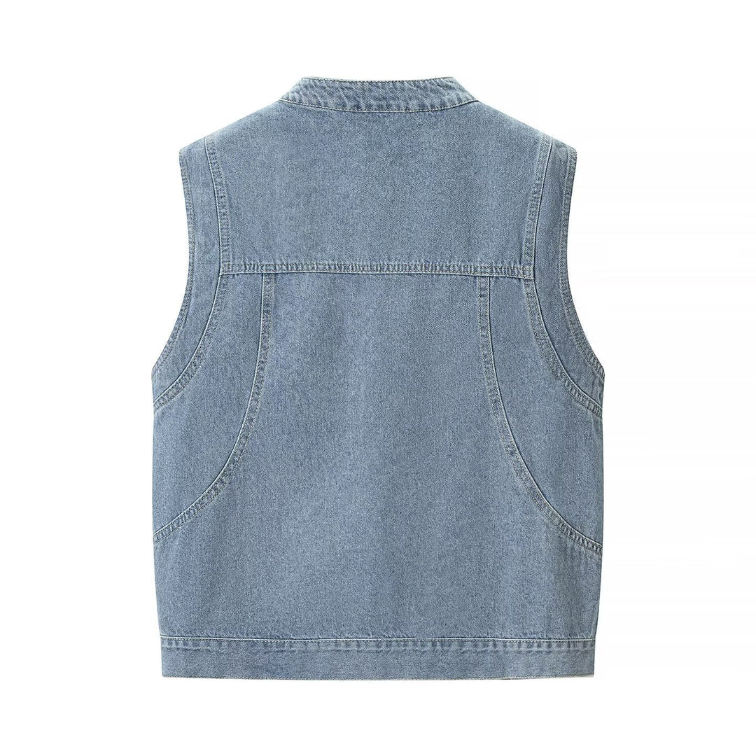 Dam jeans väst med ståkrage, hel-length knappslå, och utanpåfickor