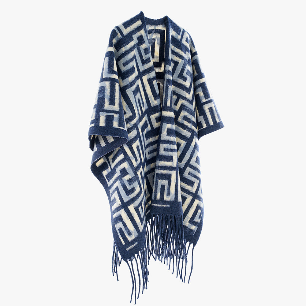 Dam Geometric Jacquard poncho i Cape stil med Fringed fåll