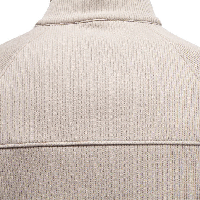 Herr Fin Ribbad Halv Dragkedja Pullover med Ståkrage, Raglanärmar, och Elastiska Muddar