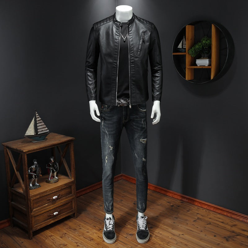 Herr Slim Läder Jacka i Biker Look med ståkrage och Vertikala bröstficka