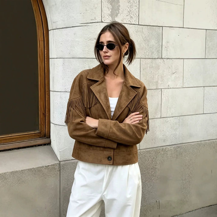 Dam Kort Suede Look Fringed Jacka i Kort Boxig Skärning