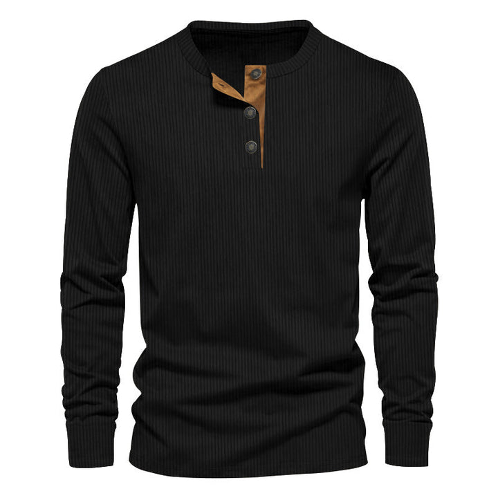Herr Stickad Termisk Henley med Contrast Knapplist och Ribbstickade Muddar
