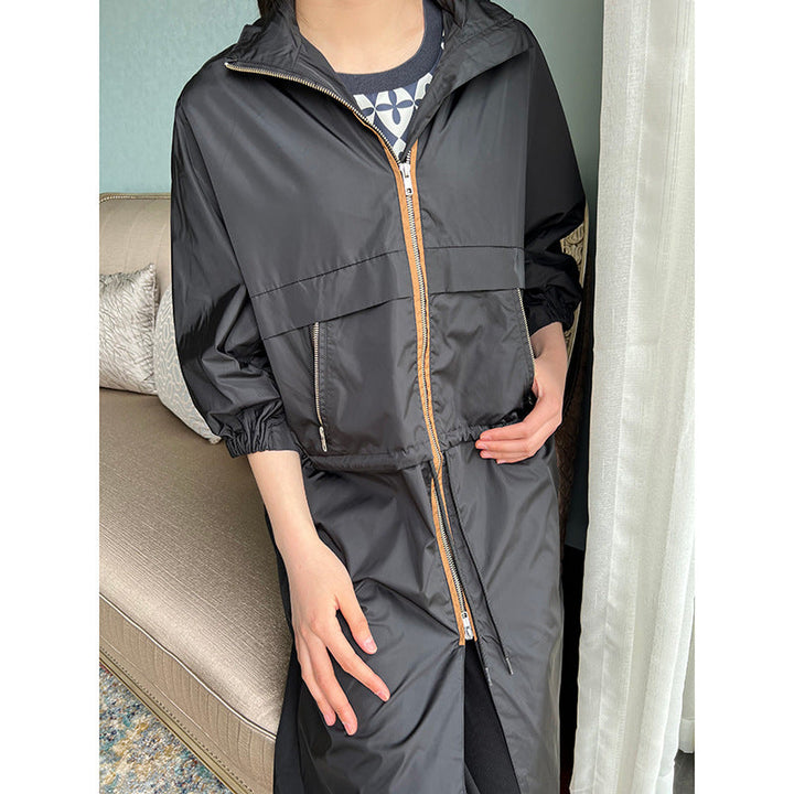 Dam lätt oversize Raincoat med huva, två-Way dragkedja och dold dragkedja fickor