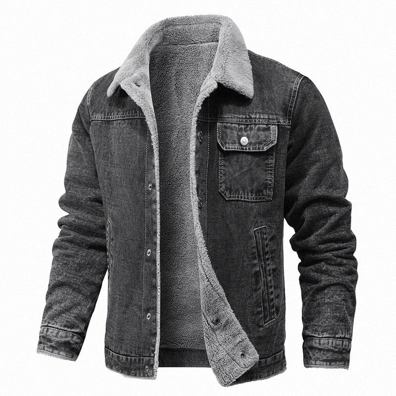 Herr Sherpa-lined denimjacka med teddyfoder och bröstficka