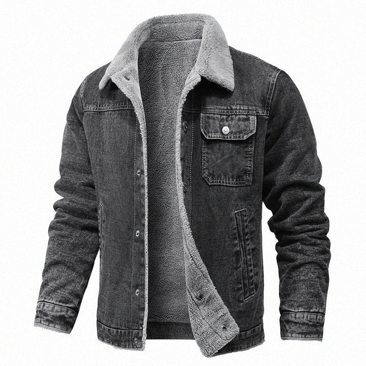 Herr Sherpa-lined denimjacka med teddyfoder och bröstficka