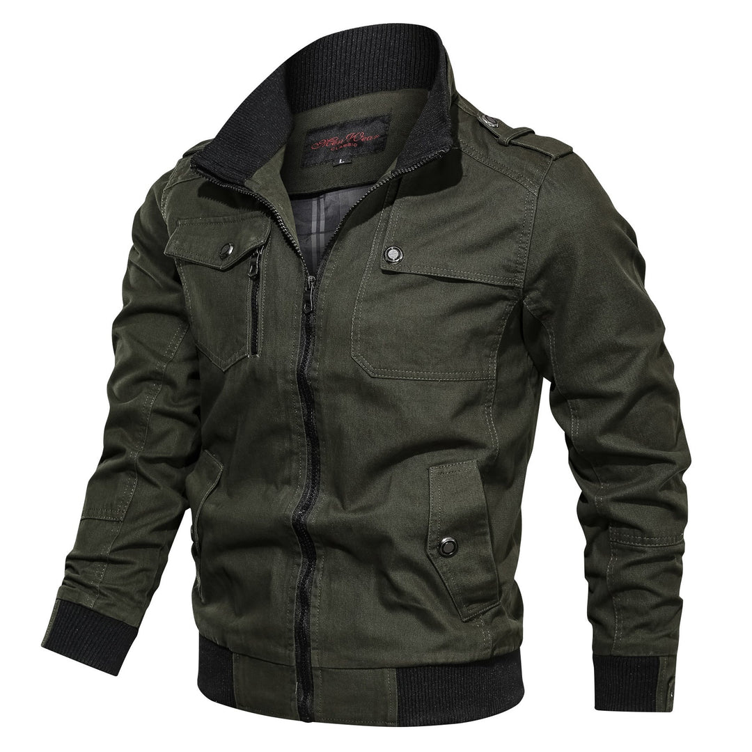 Herr Canvas Fältjacka i Bomber Stil med Ribbad Fåll, Stående Krage och Utility Fickor
